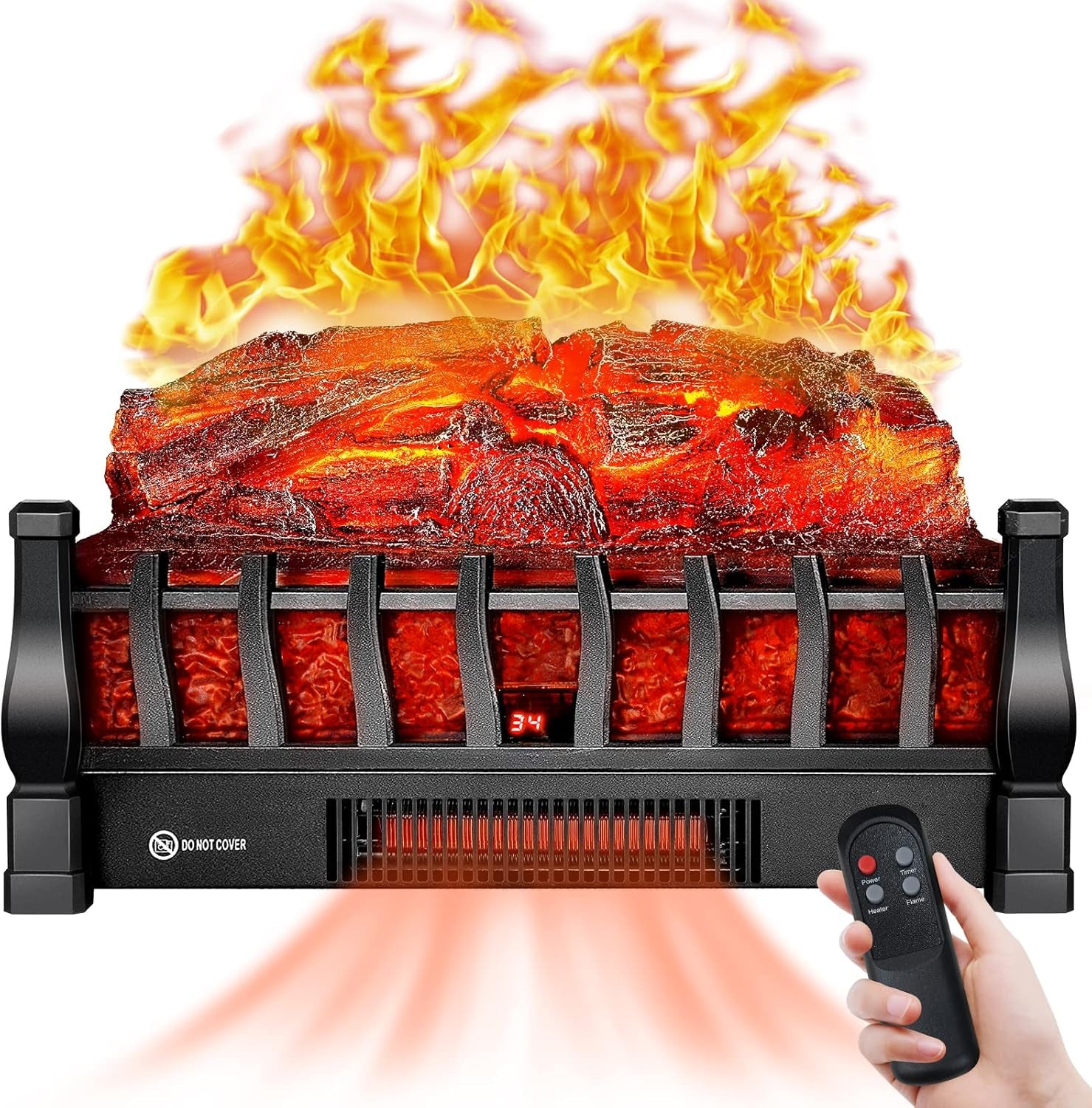 Electric Fireplace Logs Inserts Heater with Infrared Remote Controller 5 Flame Brightness 24 H Timer Overheating Protection for Home and Office Decor Black