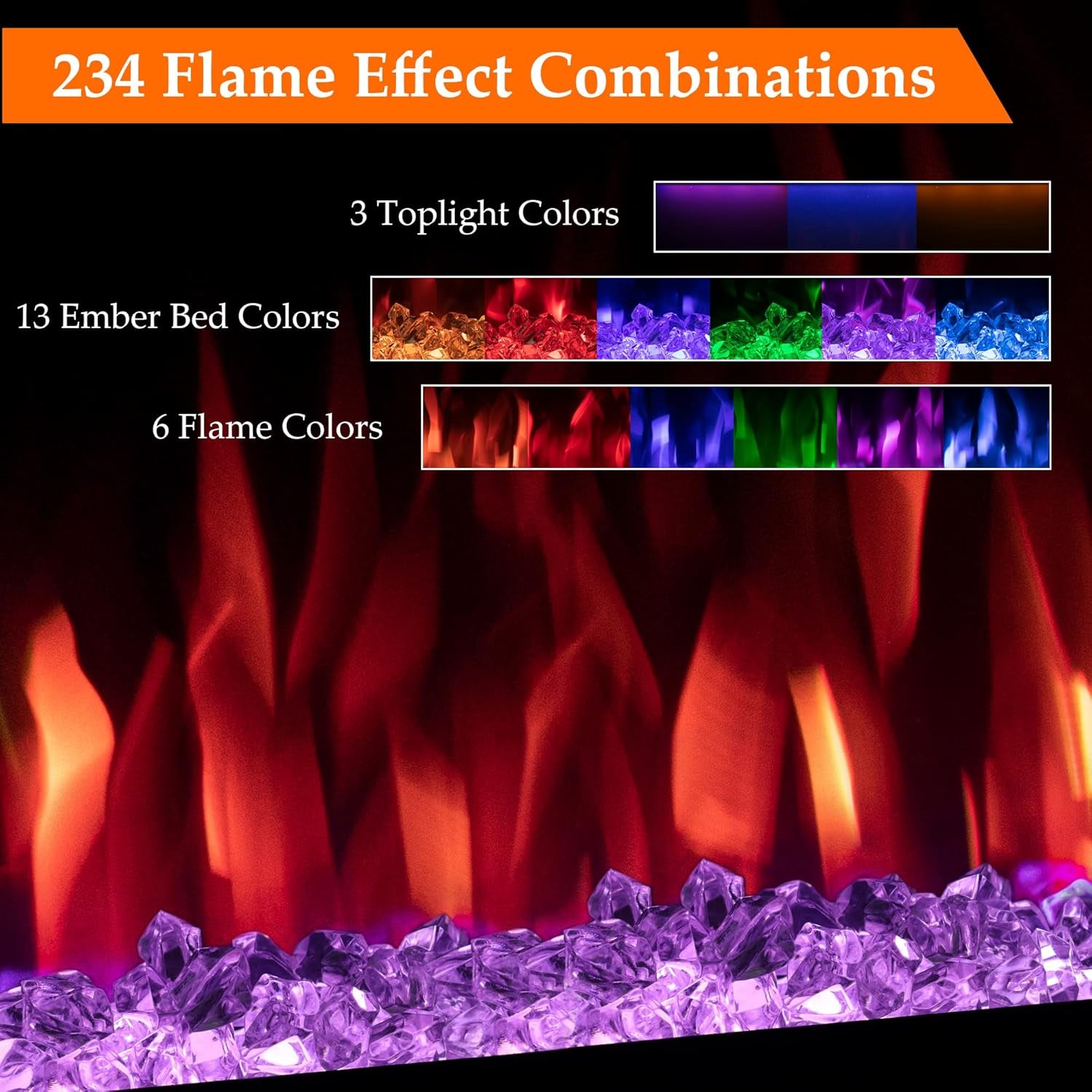 60 Inch Electric Fireplace Heater, Smart Control via Alexa& App, Recessed and Wall Mounted Fireplace Insert with Multicolor Realistic Flame Effects,Crackling Sound and Logs& Crystal,5100Btus, Black