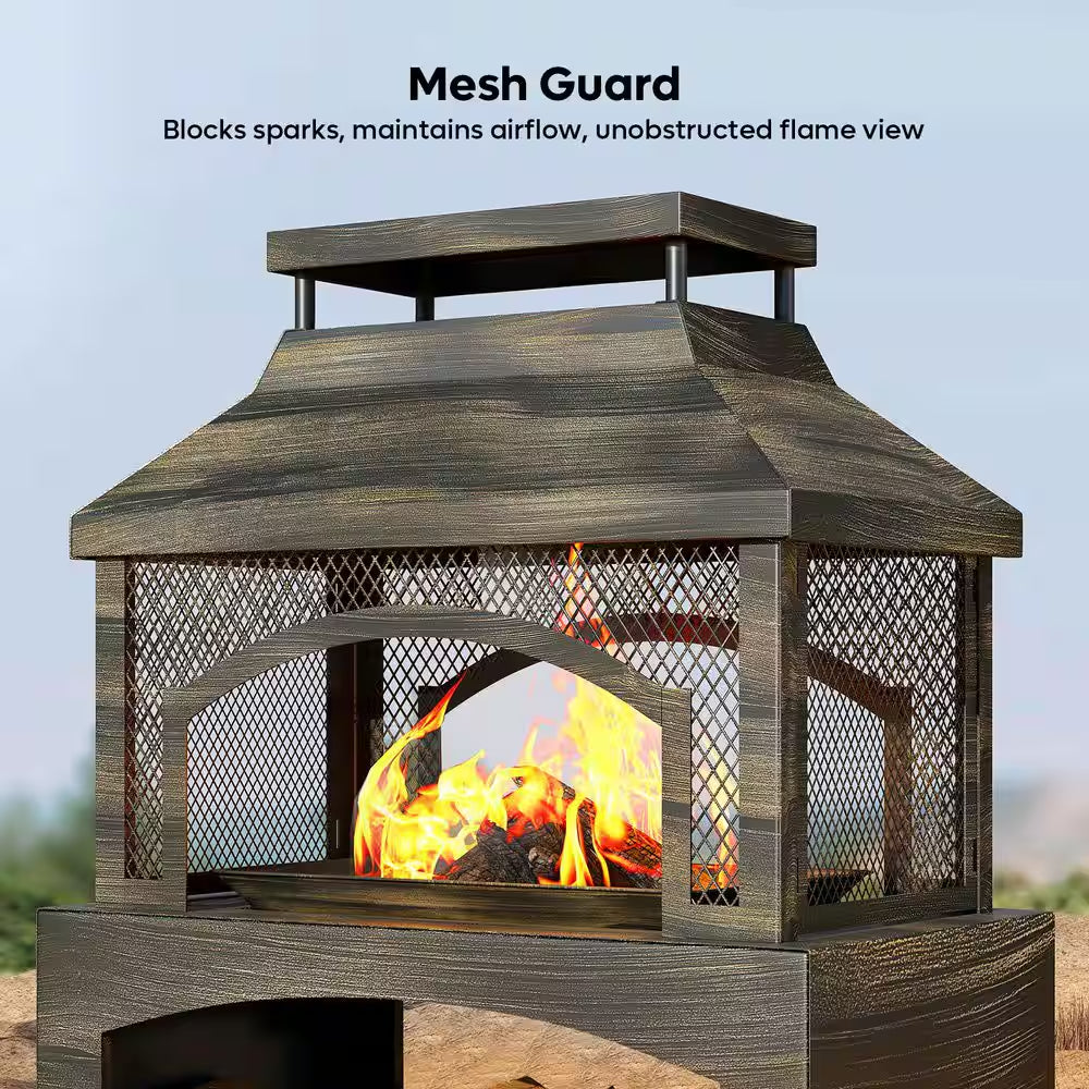 37 In. Steel Outdoor Wood Burning Fireplace with Wood Storage Rectangular Freestanding