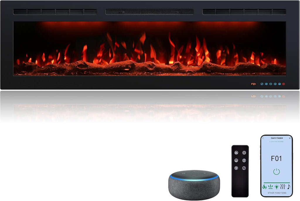 60 Inch Electric Fireplace Heater, Smart Control via Alexa& App, Recessed and Wall Mounted Fireplace Insert with Multicolor Realistic Flame Effects,Crackling Sound and Logs& Crystal,5100Btus, Black