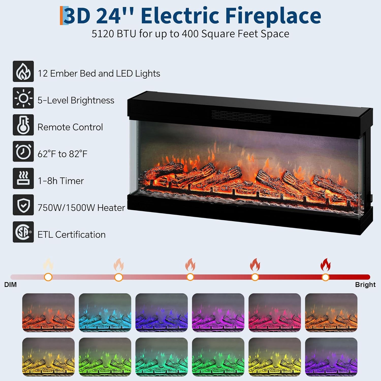 Fireplace TV Stand, 75'' TV Stand with 40" Fireplace, Electric Fireplace Heater, Entertainment Center with Frame and LED Light Colors, TV Console Cabinet