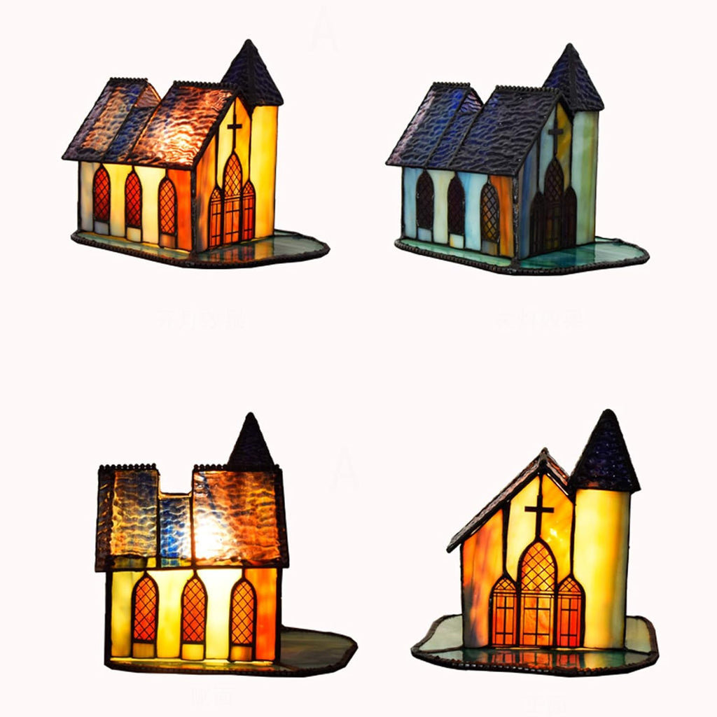 Tiffany Style Stained Glass Cathedral Church Night Light,E14, Accent Lamp, Table Lamp,Antique Bedroom Bedside Nightlight Lamp,Mission Desk Lamp,110-240V,A
