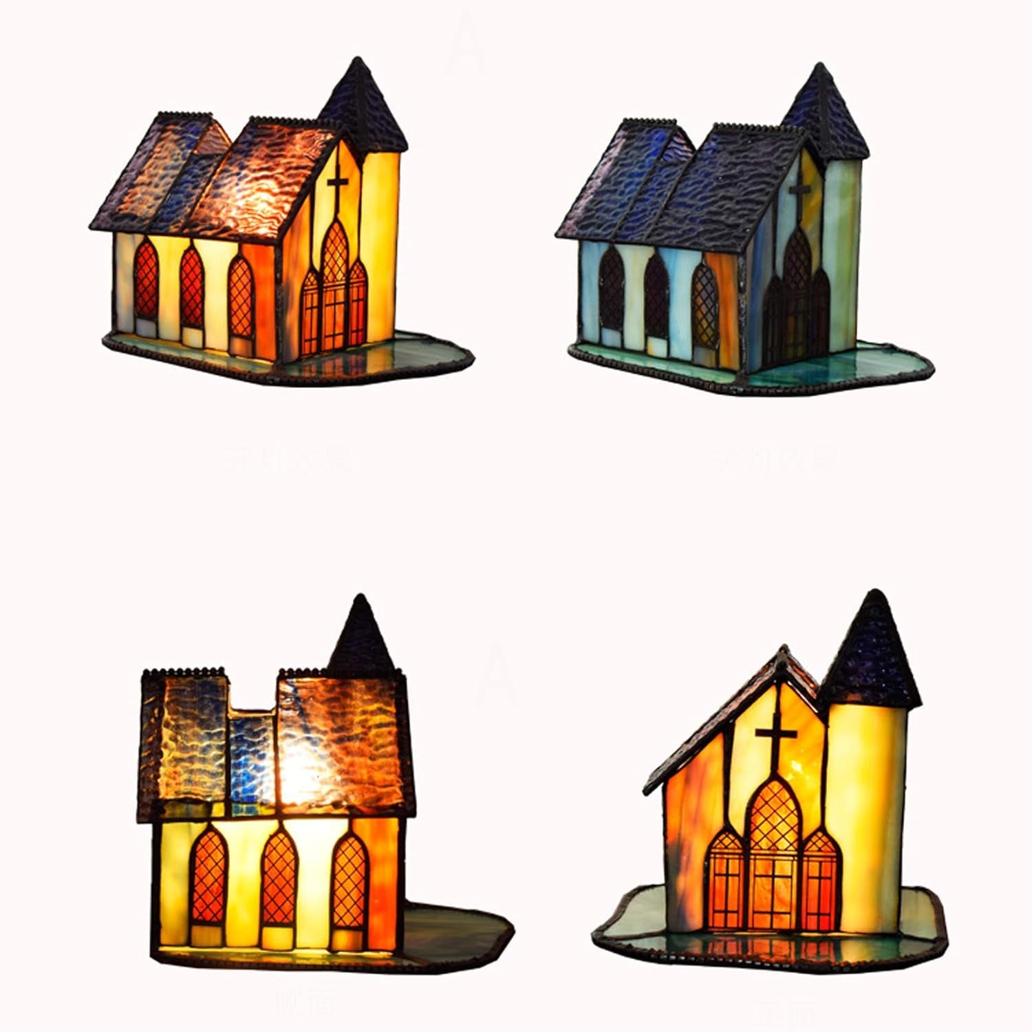 Tiffany Style Stained Glass Cathedral Church Night Light,E14, Accent Lamp, Table Lamp,Antique Bedroom Bedside Nightlight Lamp,Mission Desk Lamp,110-240V,A