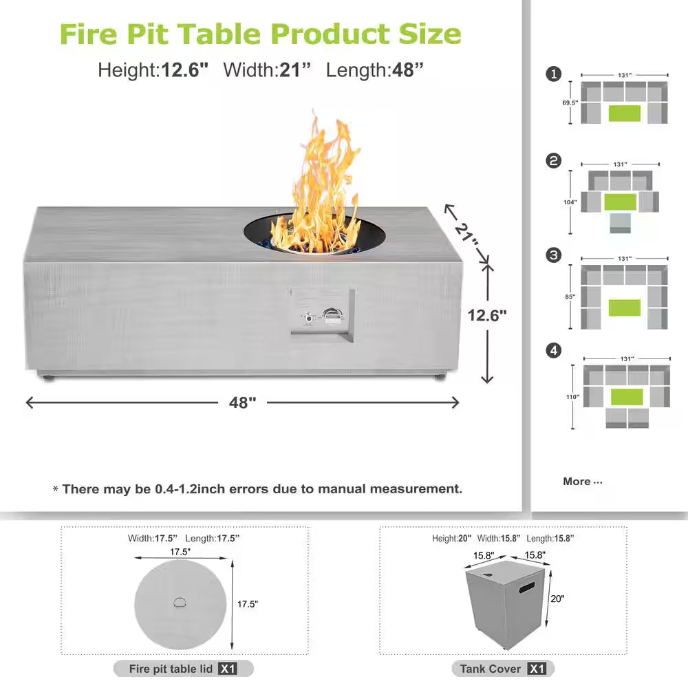 48 In. 50,000 BTU Rectangle Outdoor Propane Fire Pit Table in Gray with RGB LED Light