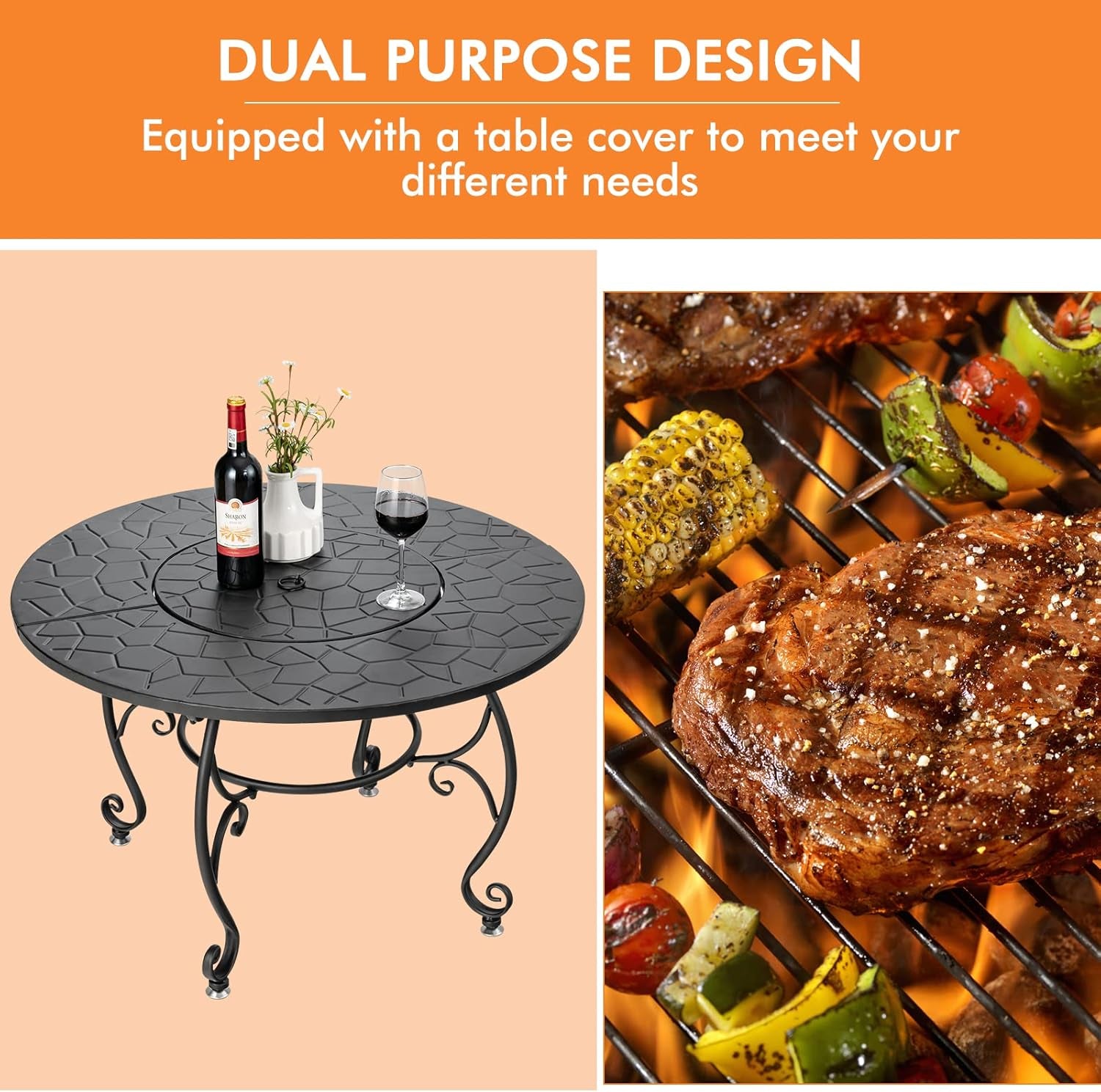 Patio Fire Pit Dining Table, round Wood Burning Fire Bowl, Outdoor Fire Pit Table with Fire Bowl, Wood Grate, Spark Screen Cover, Lid and Poker, Patio, Garden, Balcony