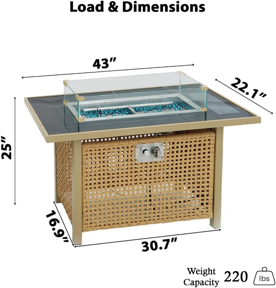 Outdoor Patio 43" Propane Gas Fire Pit Table, 60000 BTU Rectangular Open Weave with Glass Wind Guard for Garden, Couch, Porch, Backyard, Orange & Mustard Yellow