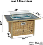 Outdoor Patio 43" Propane Gas Fire Pit Table, 60000 BTU Rectangular Open Weave with Glass Wind Guard for Garden, Couch, Porch, Backyard, Orange & Mustard Yellow
