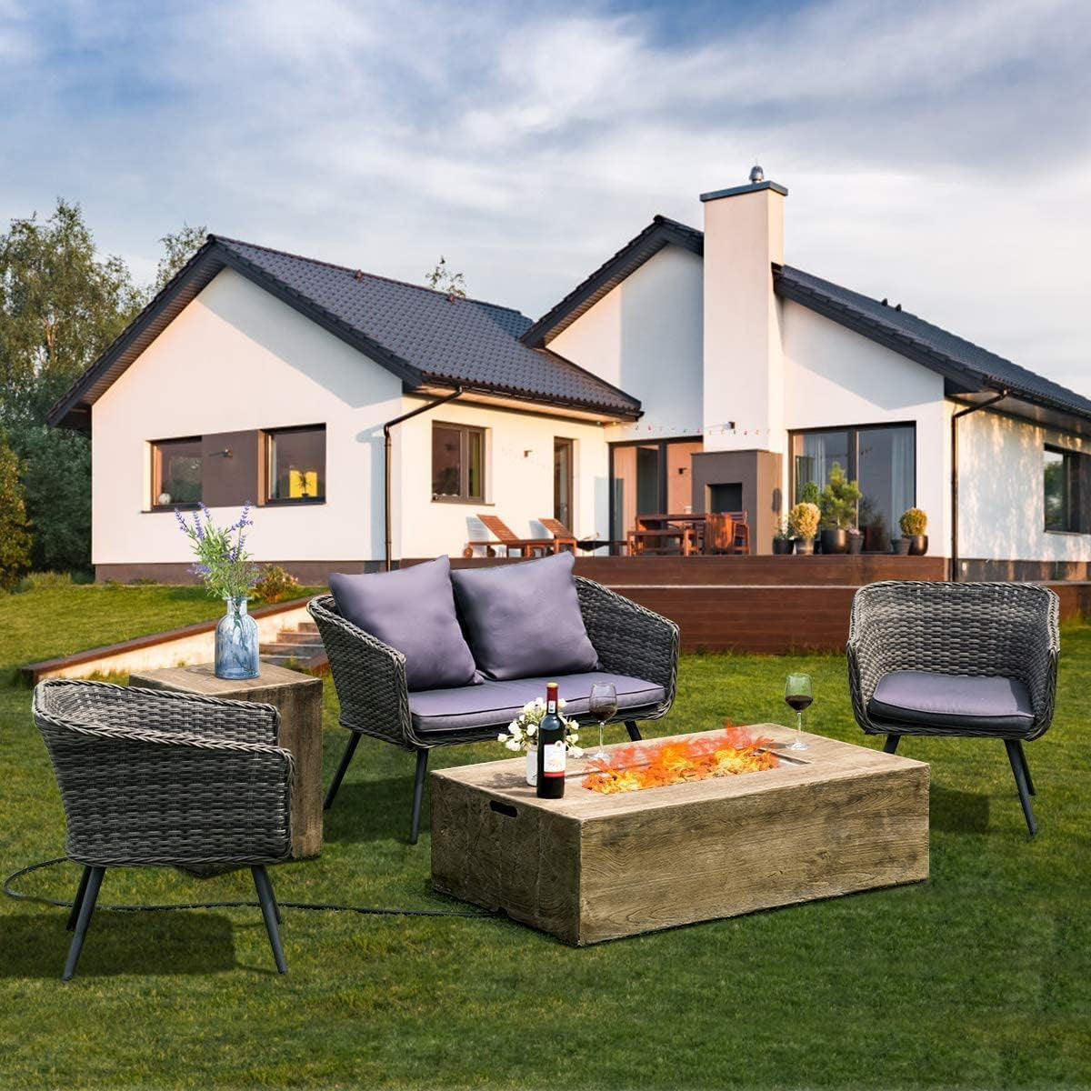 48-Inch Propane Fire Pit Set, 50,000 BTU Rectangular Gas Fire Pit Table with Lava Rocks, Waterproof Cover, Patio Rustic Outdoor Fireplace with Adjustable Flame, Propane Tank Holder Included