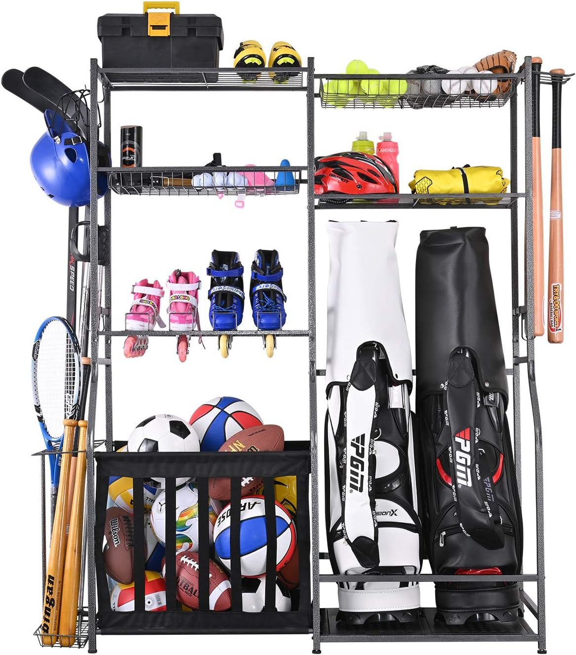 Garage Sports Equipment Storage, 2 Golf Bag Storage Stand and Other Sports Equipment Storage Rack, Garage Organizer System