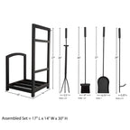 Jivin 5-Piece Fireplace Tool Set and Log Rack - Mission-Style Firewood Holder with Shovel, Broom, Tongs, and Poker for Hearth