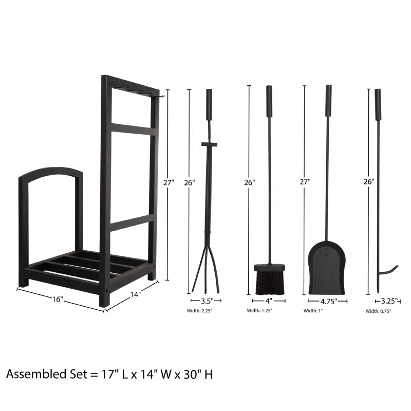 Jivin 5-Piece Fireplace Tool Set and Log Rack - Mission-Style Firewood Holder with Shovel, Broom, Tongs, and Poker for Hearth