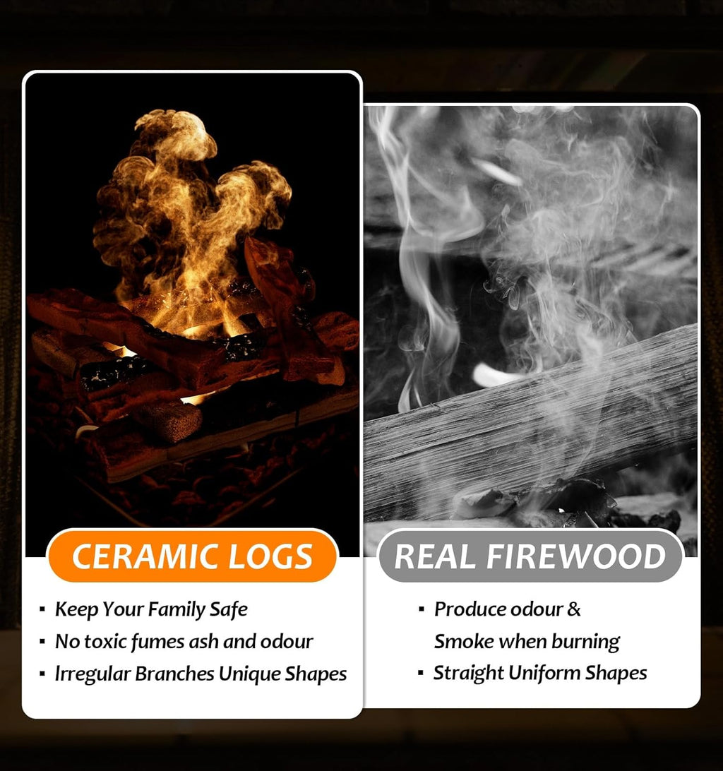 10 Pcs Ceramic Gas Fireplace Logs, Premium Heat-Resistant Wood Log Gas Realistic Logs for Indoor or Outdoor Fireplaces,Perfect for Holidays,Christmas Ambiance