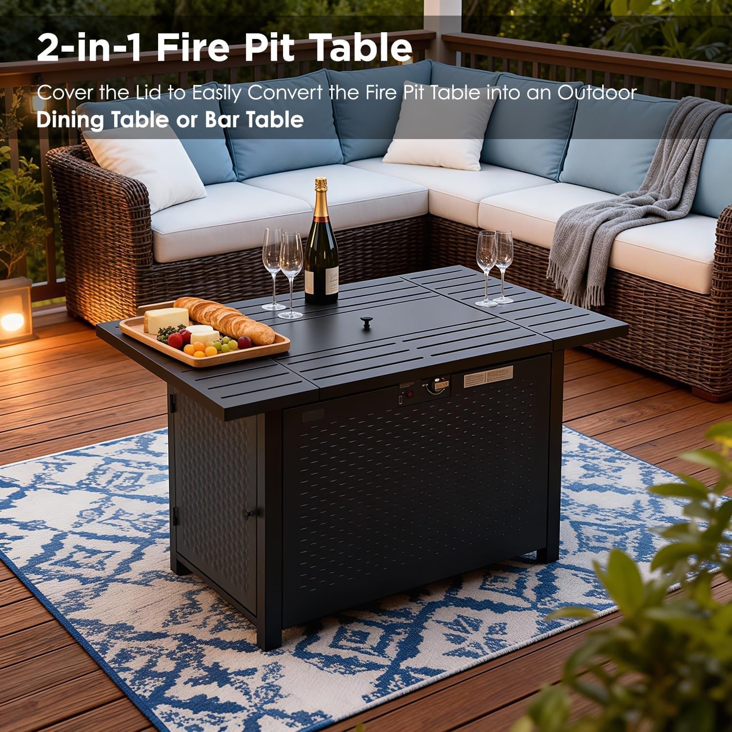 43 Inch Outdoor Propane Fire Pit Table with Glass Wind Guard, Rectangular Patio Fire Table, 50,000 BTU Smokeless Gas Firepit for Backyard, Garden & Poolside