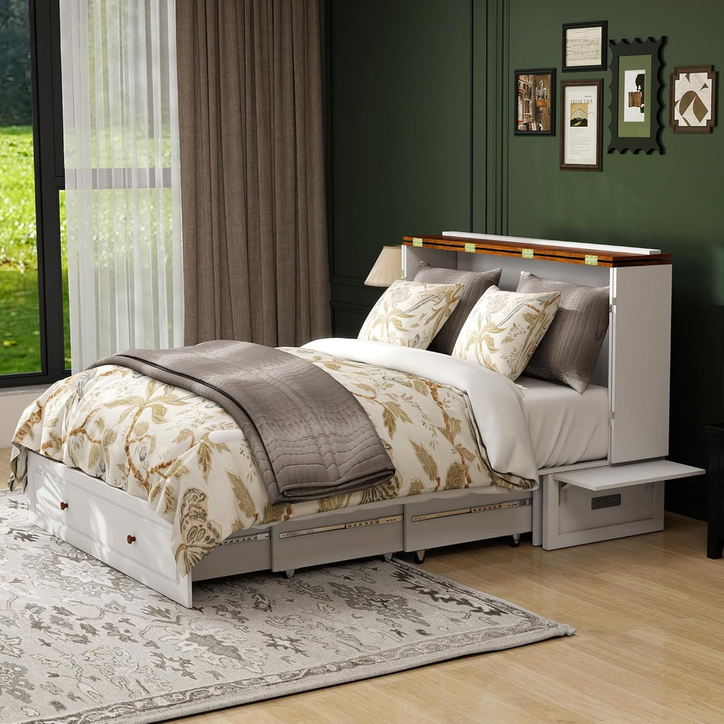 Queen Murphy Bed Included Mattress：Wood Murphy Bed Cabinet with USB Charging Station and Large Storage Drawer for Bedrooms/Guest Rooms/Apartments, White-1