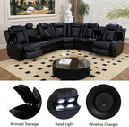 Power Recliner Sectional Sofa with LED Light, Breathing Leather Recliner Sofa Couch with Storage/Cup Holder for Living Room Home Office Theater (Black)