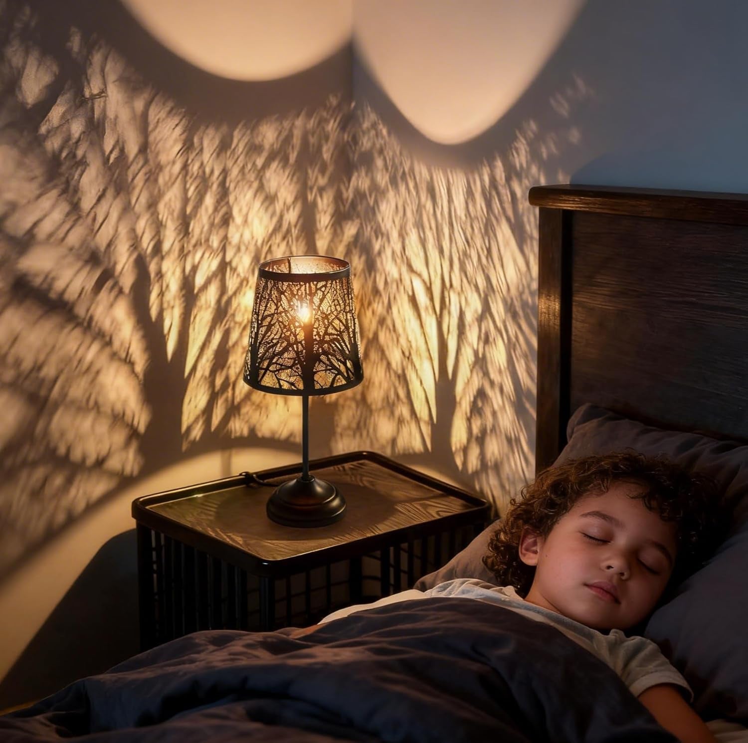 3 Level Dimmable Touch Table Lamps Set of 2, Black Metal Tree Pattern Shadow Lamp, Small Bedside Night Light for Kids, Vintage Accent Decor Lamp Halloween Indoor Mood Lighting Bedroom Living Room