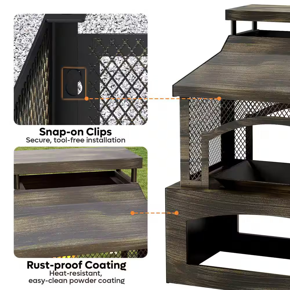 37 In. Steel Outdoor Wood Burning Fireplace with Wood Storage Rectangular Freestanding
