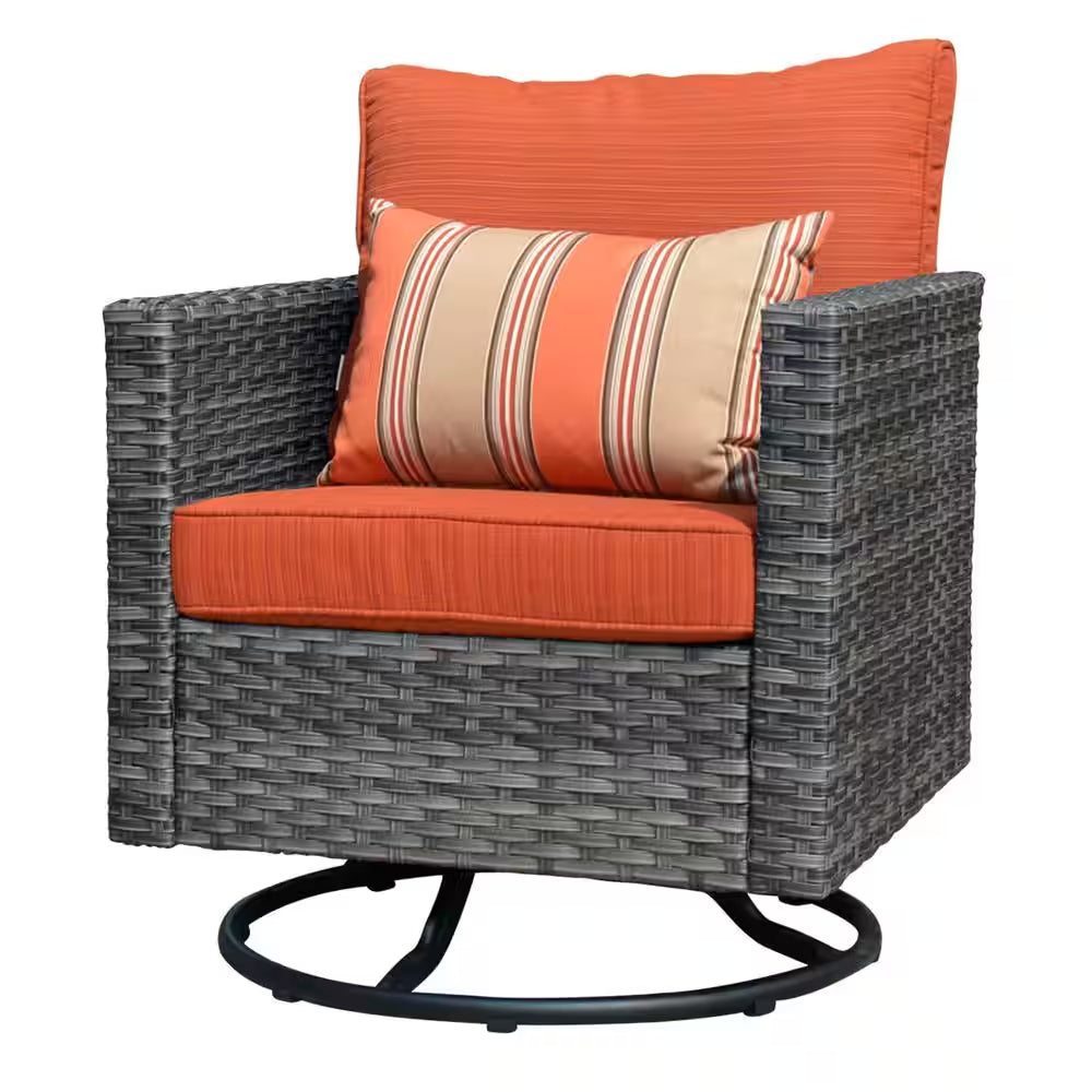 Mars Gray 9-Piece 7-People Wicker Patio Conversation Fire Pit Sofa Set with Red Orange Cushion and Swivel Rocking Chairs