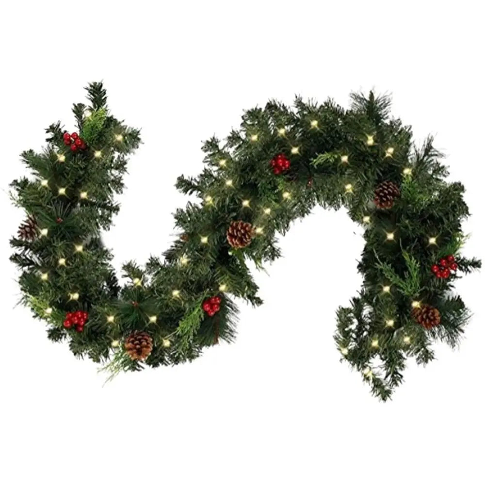30 LED Lights Christmas Garland 180Cm/6 Feet Green Artificial Pine Tree Decor Pine Cone Berry Ornament