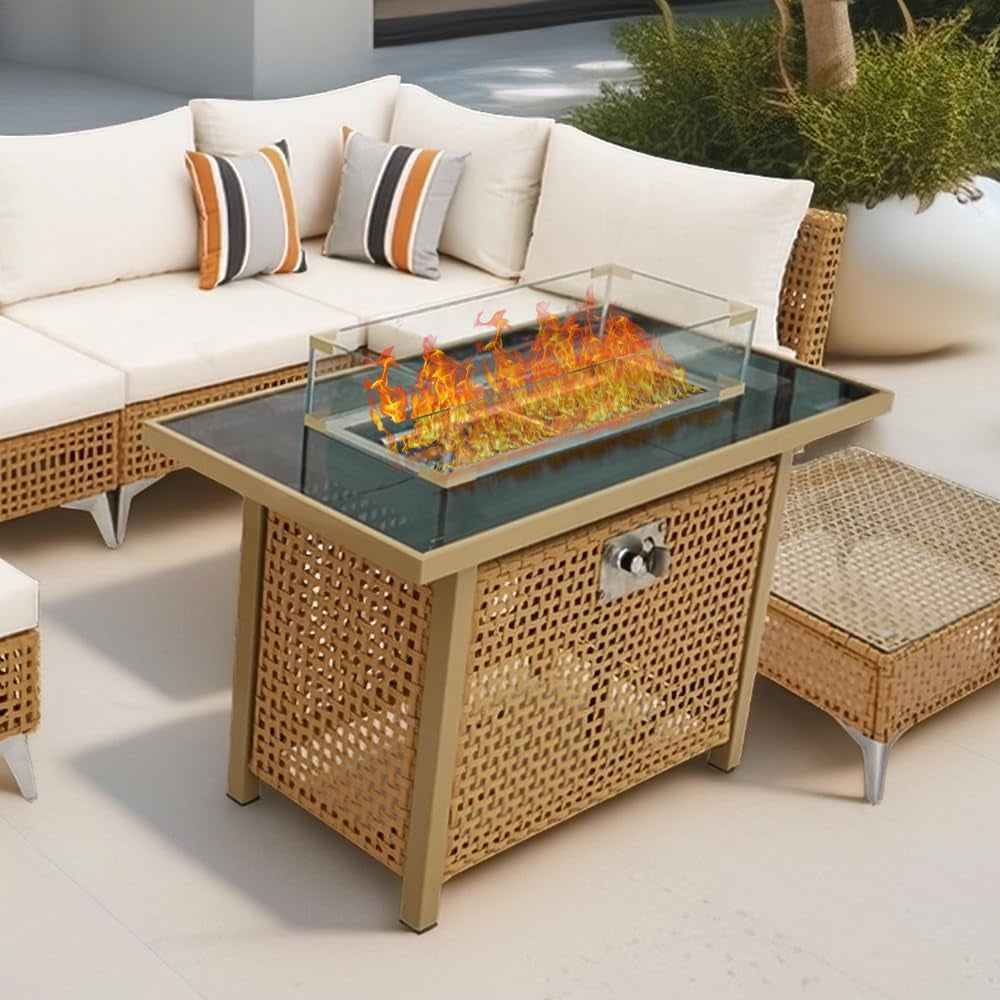 Outdoor Patio 43" Propane Gas Fire Pit Table, 60000 BTU Rectangular Open Weave with Glass Wind Guard for Garden, Couch, Porch, Backyard, Orange & Mustard Yellow