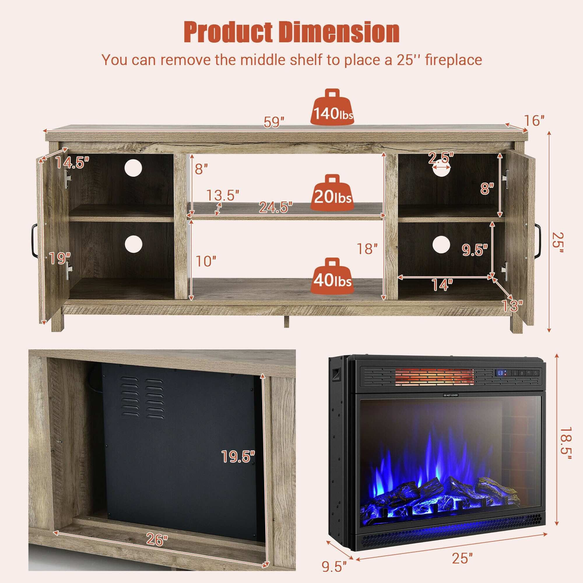 59'' Fireplace TV Stand W/ 25'' 1350W Electric Fireplace Heater