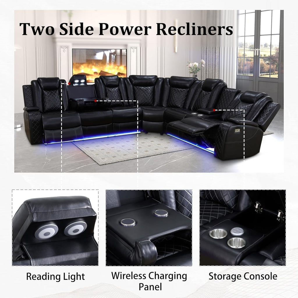 Power Recliner Sectional Sofa with LED Light, Breathing Leather Recliner Sofa Couch with Storage/Cup Holder for Living Room Home Office Theater (Black)
