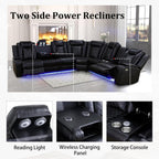 Power Recliner Sectional Sofa with LED Light, Breathing Leather Recliner Sofa Couch with Storage/Cup Holder for Living Room Home Office Theater (Black)