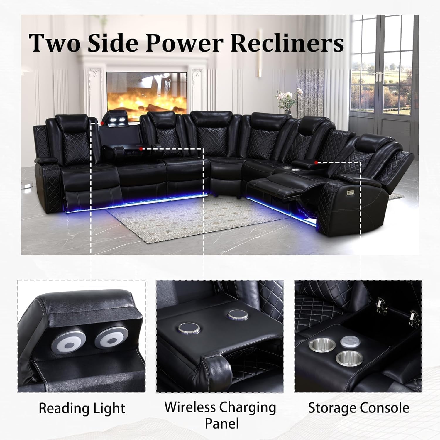 Power Recliner Sectional Sofa with LED Light, Breathing Leather Recliner Sofa Couch with Storage/Cup Holder for Living Room Home Office Theater (Black)