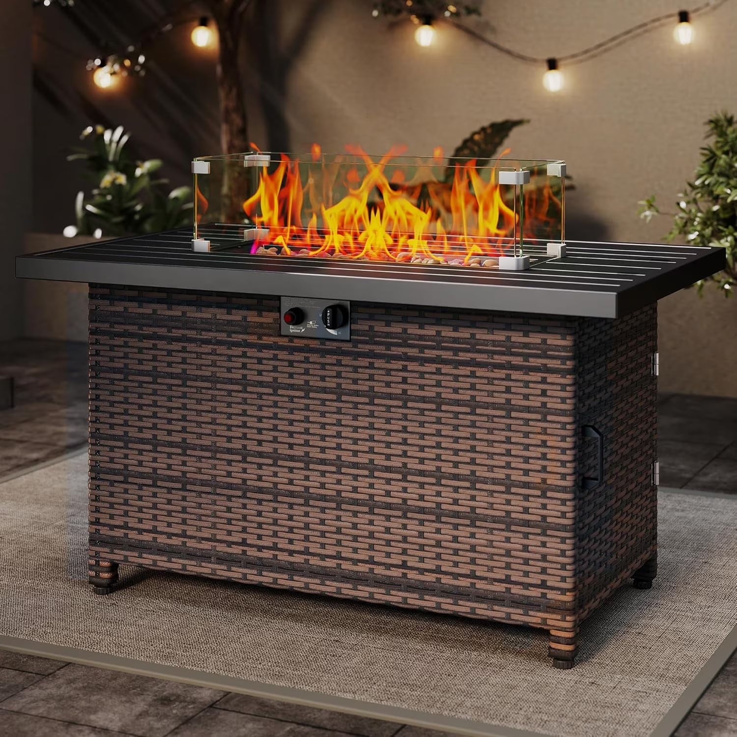 44 Inch Outdoor Wicker Fire Pit Table, 50000 BTU Propane Fire Pits with Glass Wind Guard and Lid, Patio Gas Fire Pit for outside Patio and Garden(Brown)