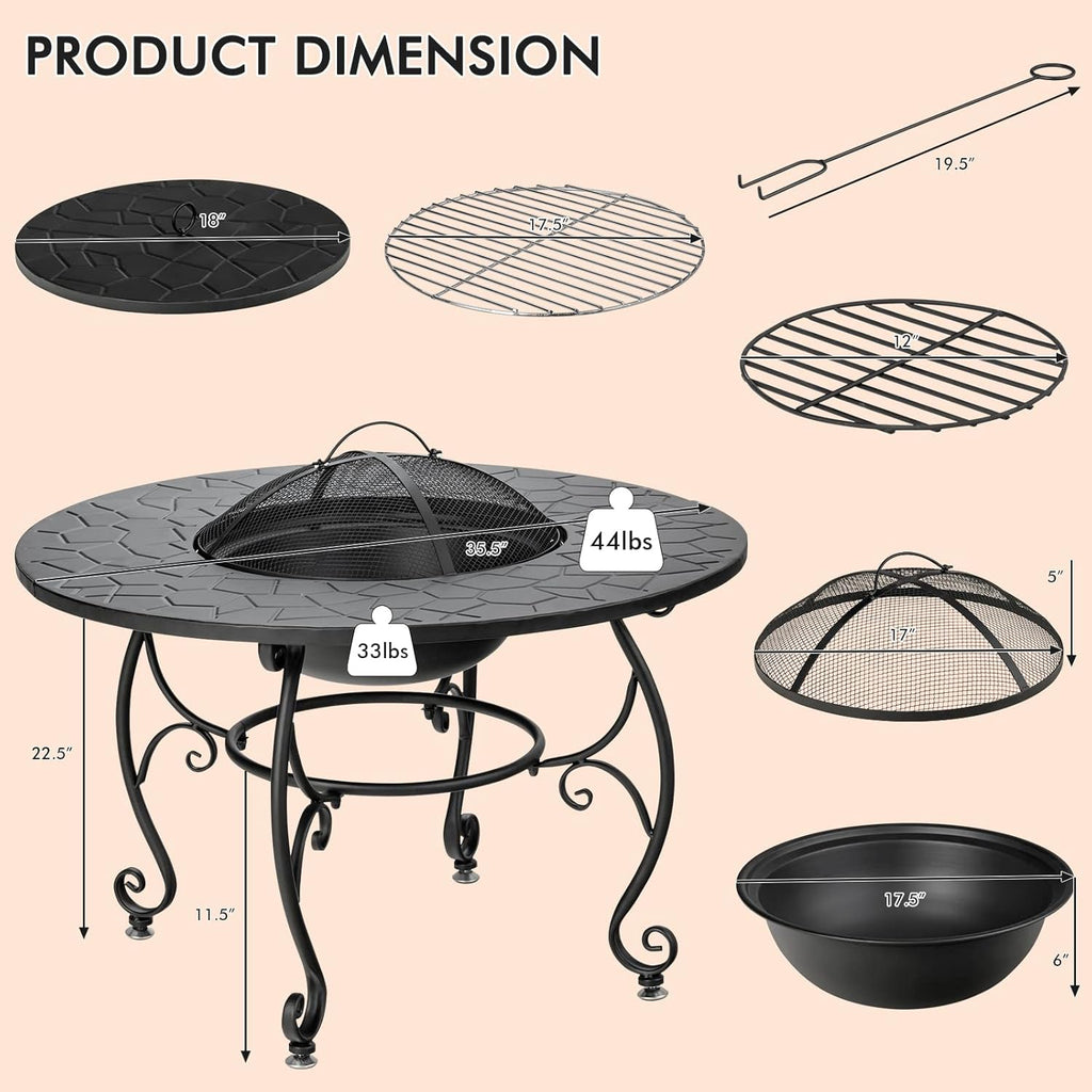 Patio Fire Pit Dining Table, round Wood Burning Fire Bowl, Outdoor Fire Pit Table with Fire Bowl, Wood Grate, Spark Screen Cover, Lid and Poker, Patio, Garden, Balcony