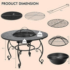 Patio Fire Pit Dining Table, round Wood Burning Fire Bowl, Outdoor Fire Pit Table with Fire Bowl, Wood Grate, Spark Screen Cover, Lid and Poker, Patio, Garden, Balcony
