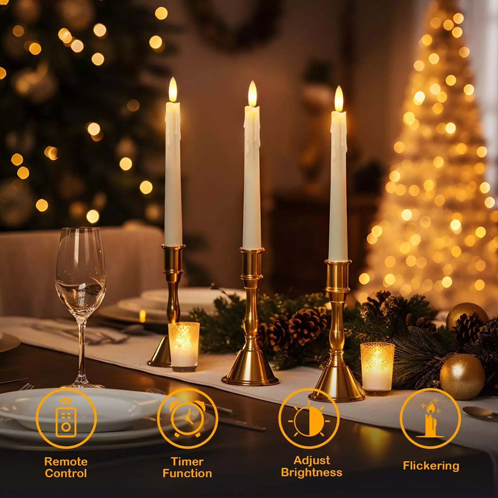6Pack Flameless Taper Candles with Remote Timer, 9.84'' LED Fake Electric Candlesticks,Battery Operated Dripless 3D Flickering Flame Window Candles,Ivory
