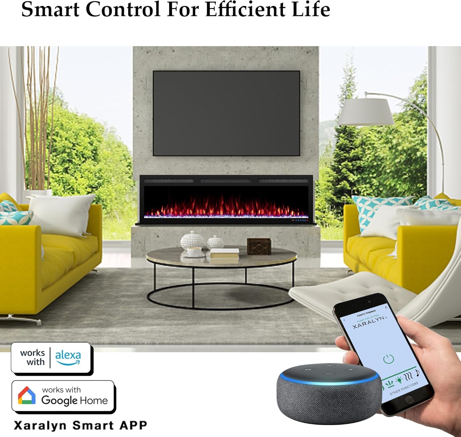 60 Inch Electric Fireplace Heater, Smart Control via Alexa& App, Recessed and Wall Mounted Fireplace Insert with Multicolor Realistic Flame Effects,Crackling Sound and Logs& Crystal,5100Btus, Black