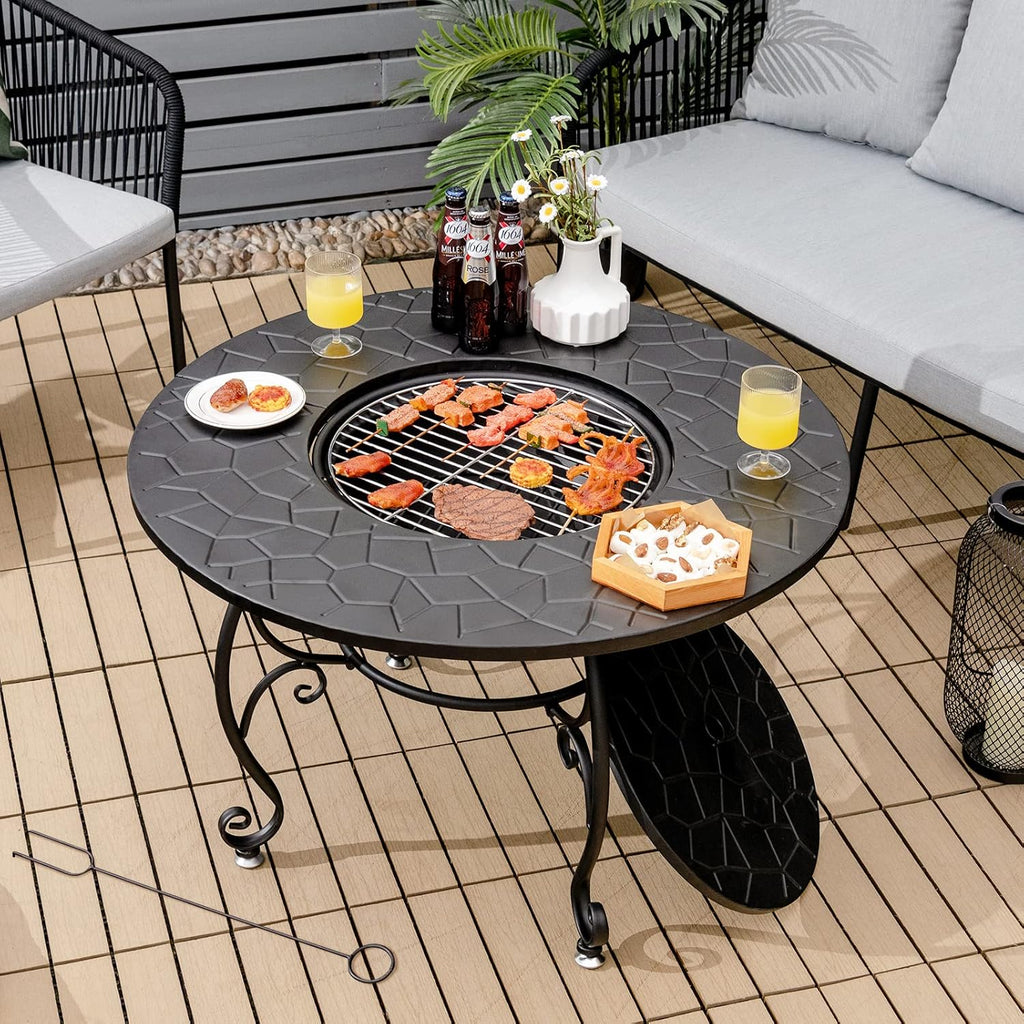 Patio Fire Pit Dining Table, round Wood Burning Fire Bowl, Outdoor Fire Pit Table with Fire Bowl, Wood Grate, Spark Screen Cover, Lid and Poker, Patio, Garden, Balcony