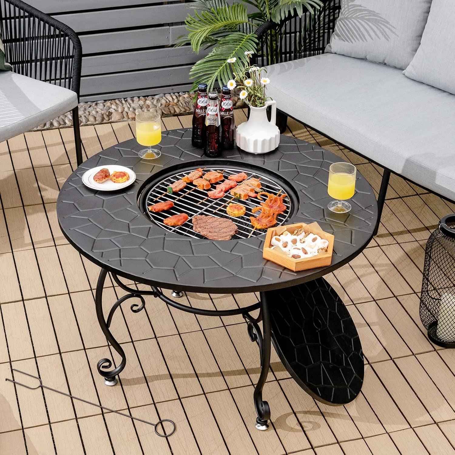 Patio Fire Pit Dining Table, round Wood Burning Fire Bowl, Outdoor Fire Pit Table with Fire Bowl, Wood Grate, Spark Screen Cover, Lid and Poker, Patio, Garden, Balcony