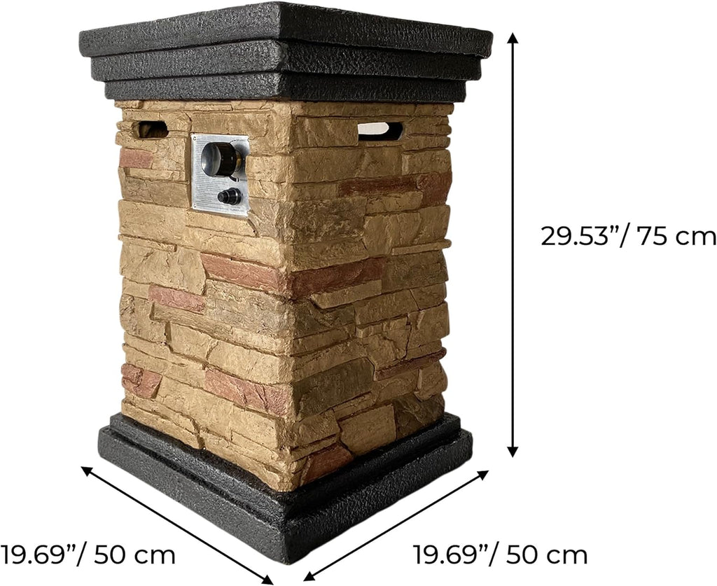 40,000 BTU Square Slate Rock Look Steel Outdoor Fire Pit Pillar outside Propane Gas Firepit with 6.6 Pounds Lava Rocks and PVC Cover for Patio Garden Backyard, 20 Inch, Brown