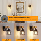 Dimmable Wall Sconces Set of Two, Bedside Wall Mounted Lamp with Rotary Switch, Wooden Black Bathroom Light Fixtures with Metal Cage, Hardwired Farmhouse Wall Lights for Bedroom, Living Room