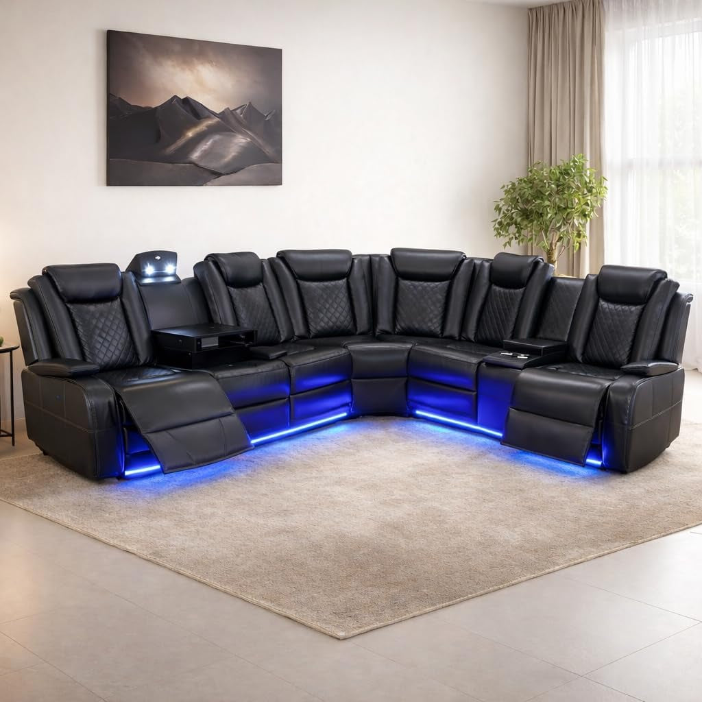 Power Recliner Sectional Sofa with LED Light, Breathing Leather Recliner Sofa Couch with Storage/Cup Holder for Living Room Home Office Theater (Black)
