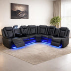 Power Recliner Sectional Sofa with LED Light, Breathing Leather Recliner Sofa Couch with Storage/Cup Holder for Living Room Home Office Theater (Black)