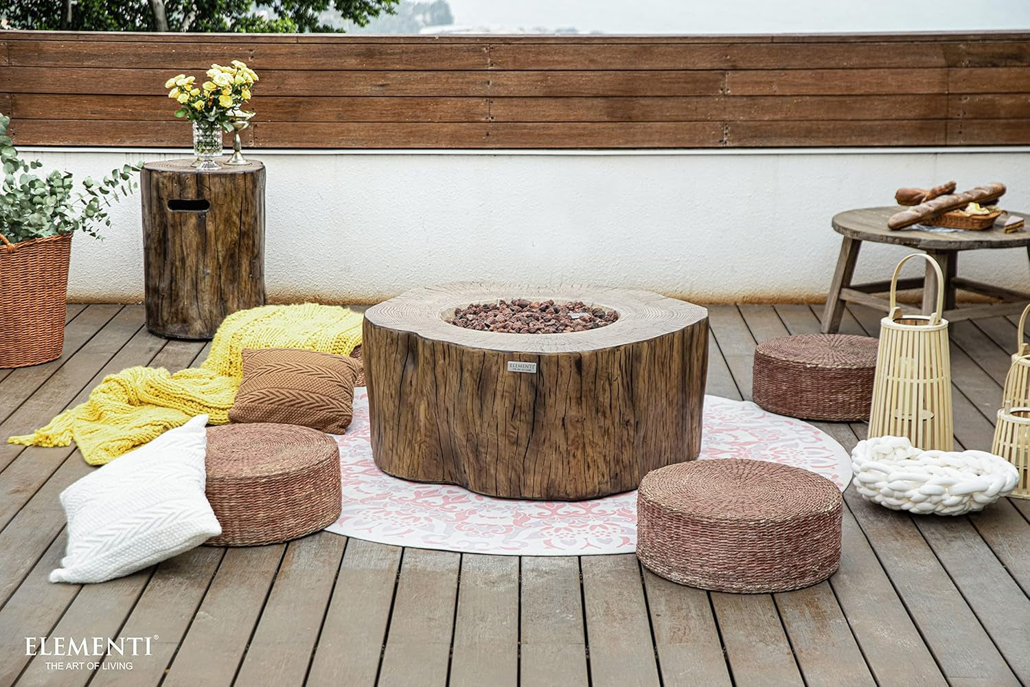| Manchester Gas Fire Pit Cast Concrete Semi-Round Fire Table, Outdoor Fire Pit Electronic Ignition | Canvas Cover, Lava Rock Included | Red Wood (Propane Gas)