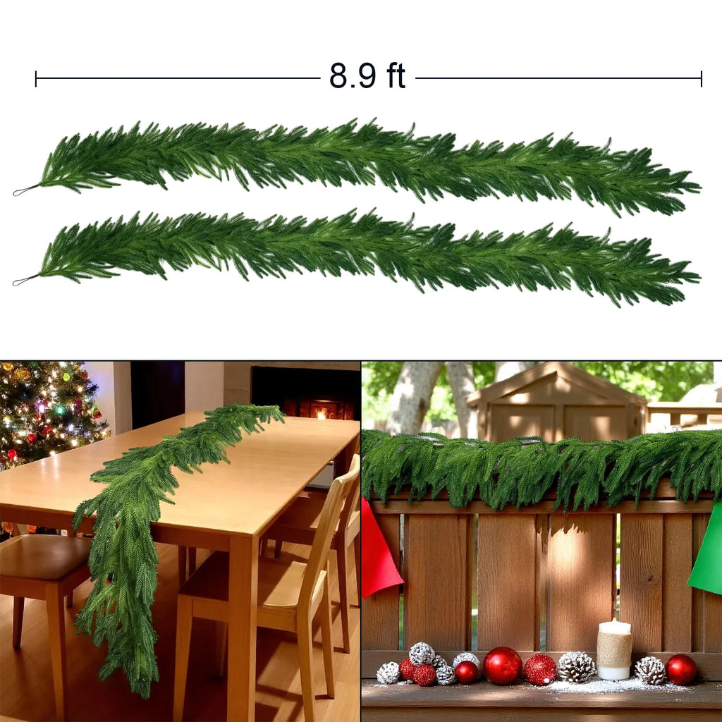 2Pcs 9Ft Christmas Garlands Norfolk Pine Garland Faux Greenery Pine Garland for Christmas Holiday Winter Wall Mantle Fireplace Staircase Indoor Outdoor Decoration