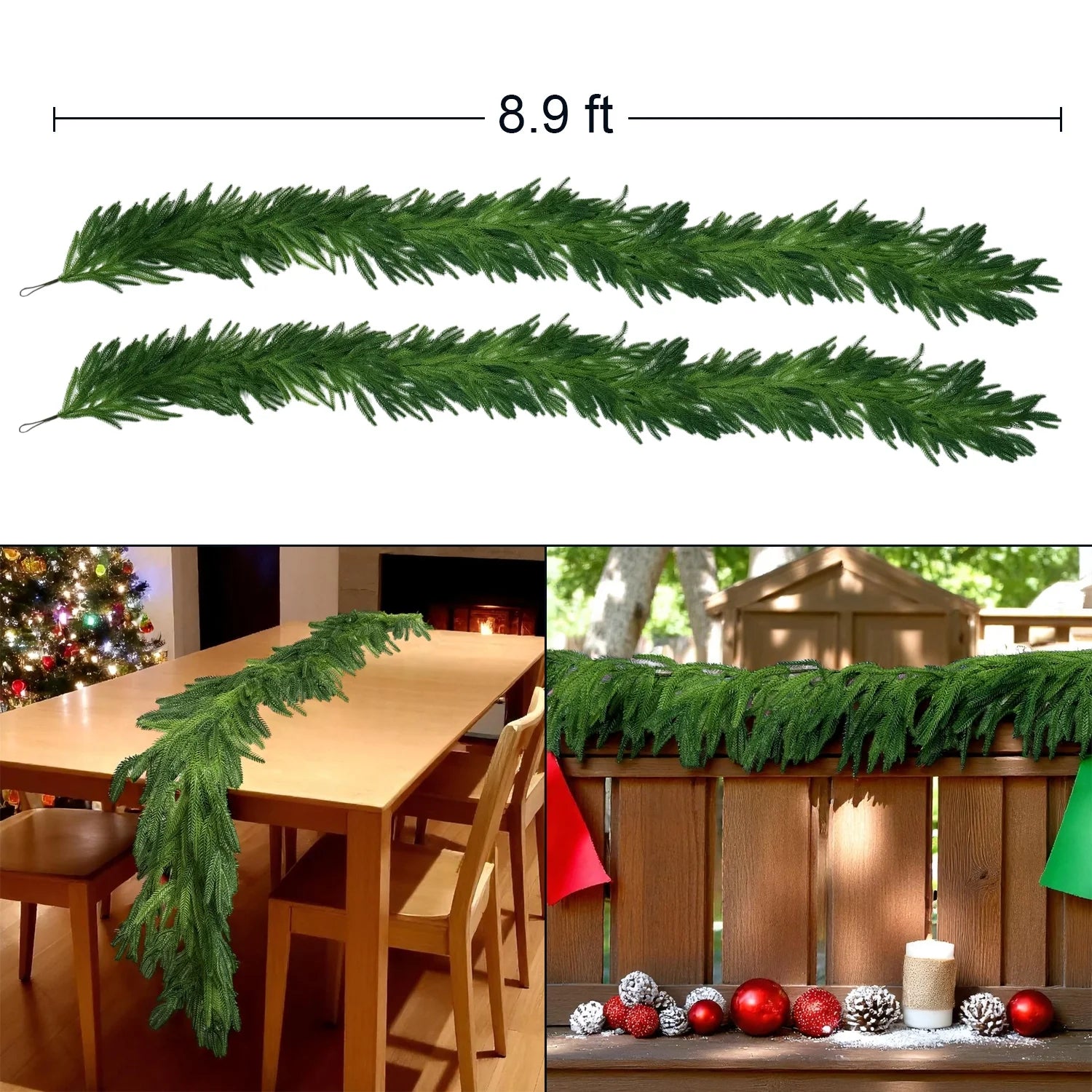 2Pcs 9Ft Christmas Garlands Norfolk Pine Garland Faux Greenery Pine Garland for Christmas Holiday Winter Wall Mantle Fireplace Staircase Indoor Outdoor Decoration
