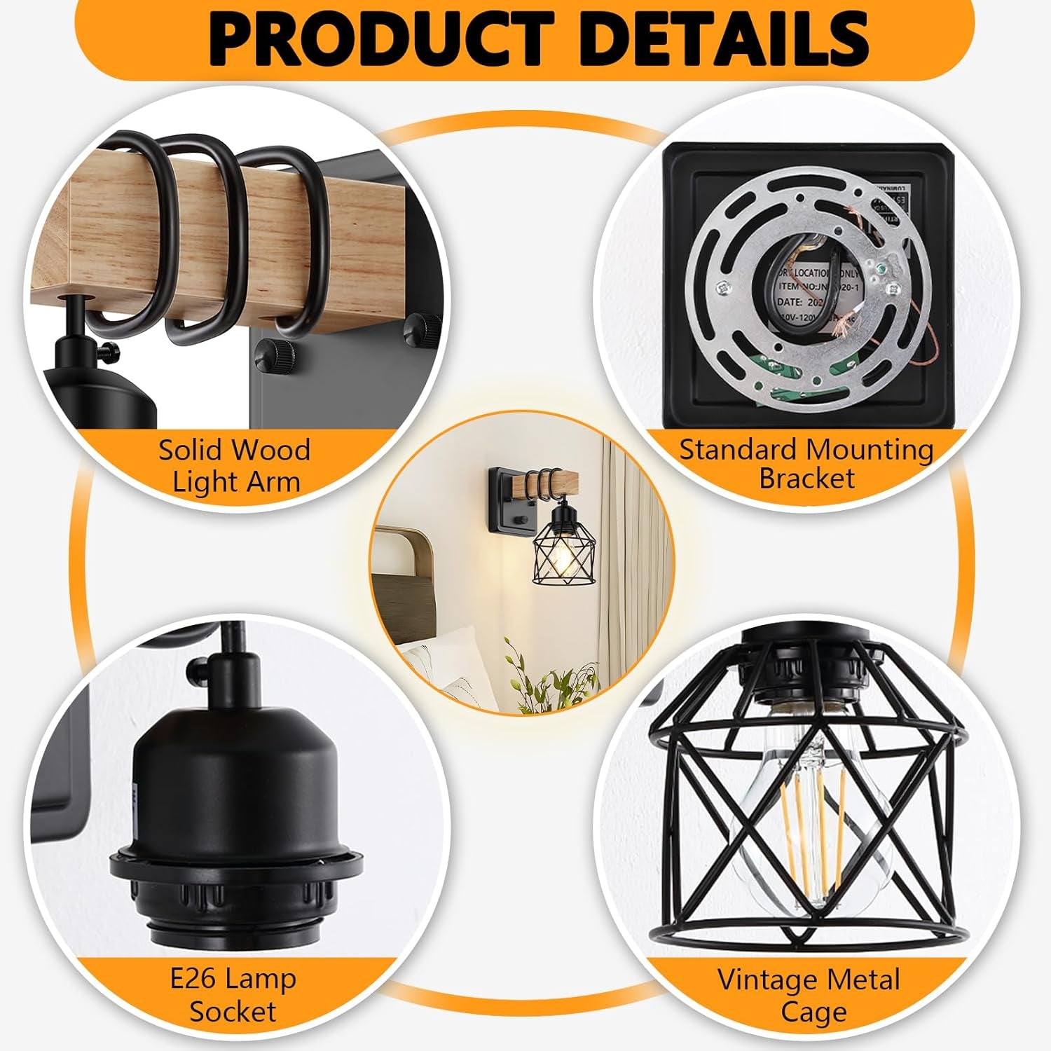 Dimmable Wall Sconces Set of Two, Bedside Wall Mounted Lamp with Rotary Switch, Wooden Black Bathroom Light Fixtures with Metal Cage, Hardwired Farmhouse Wall Lights for Bedroom, Living Room