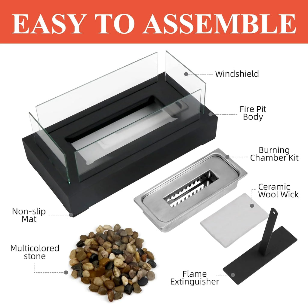 Tabletop Fire Pit - Stainless Steel Portable Fireplace with Cobblestone, Indoor Outdoor Decor, Gift for Christmas