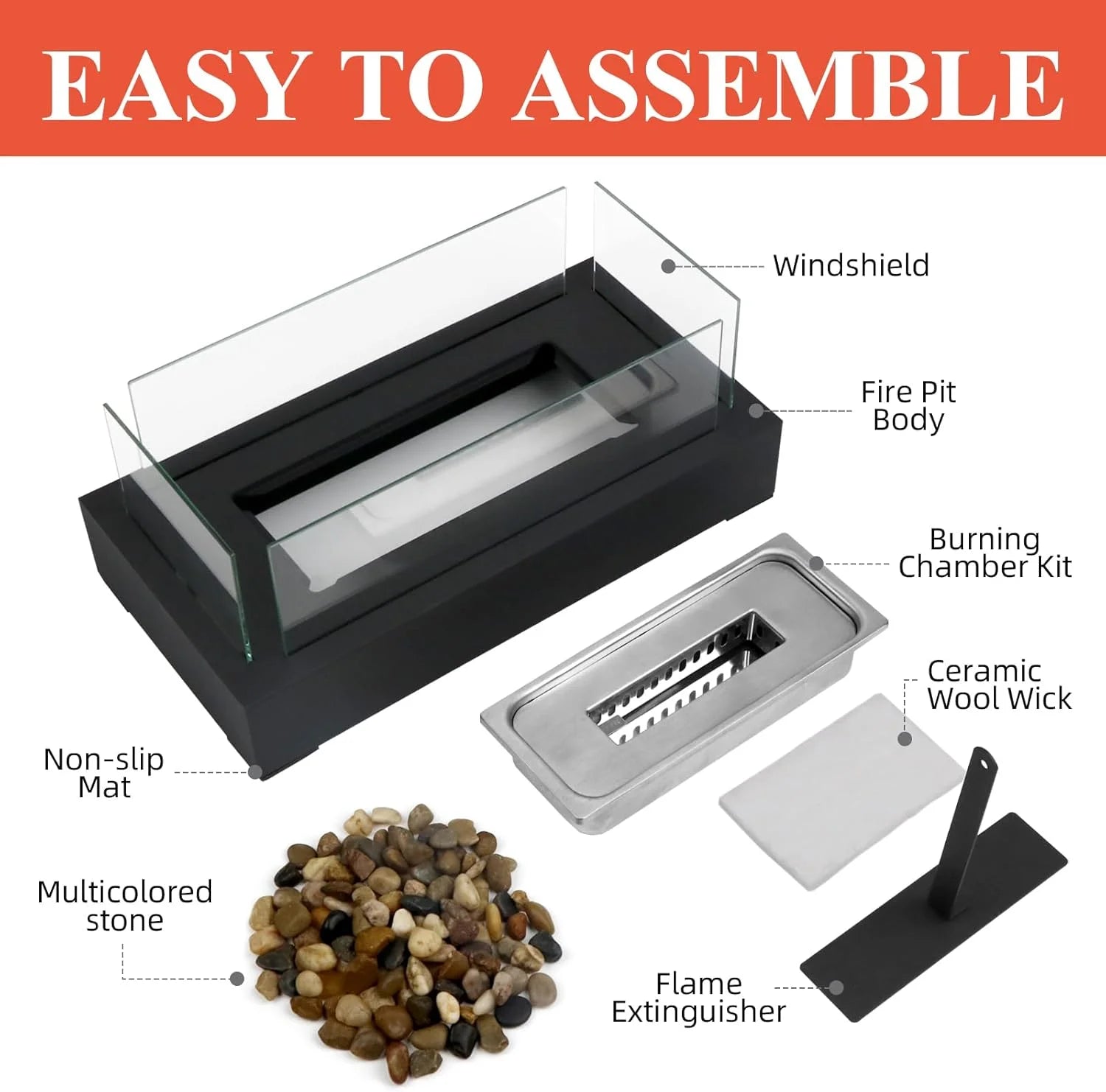 Tabletop Fire Pit - Stainless Steel Portable Fireplace with Cobblestone, Indoor Outdoor Decor, Gift for Christmas