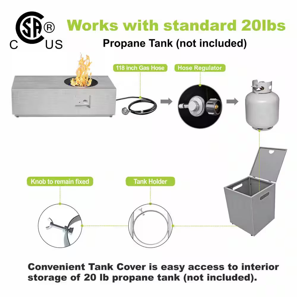 48 In. 50,000 BTU Rectangle Outdoor Propane Fire Pit Table in Gray with RGB LED Light