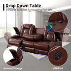 Power Leather Recliner Sofa Set with LED Light,Reclining Sofa and Chair Set with Usb,Leather Couch Set for 3 Seater Couch with Coffee Table/Single Recliner 2 PCS for Living Room(Red,3+1)