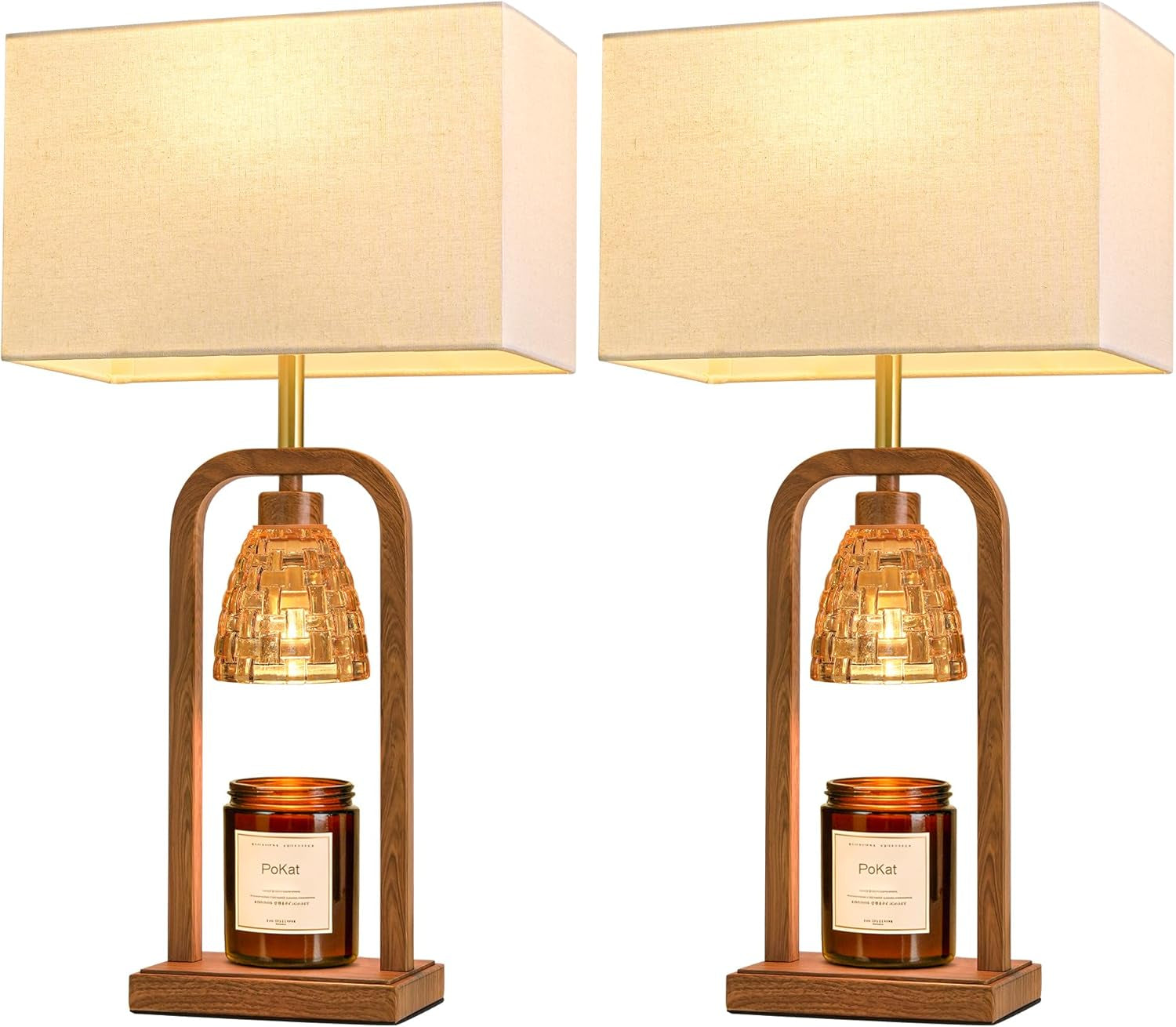 Farmhouse Table Lamps with Candle Warmer & Timer for Bedroom, Wood-Like Bedside Lamps Set of 2 for Night Stands, 21.5'' Bedroom Lamps Decor for Living Room, Corded Eletric, No Battery