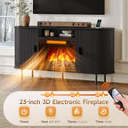 63" Fluted Fireplace TV Stand with 23" Electric Fireplace, Sliding Doors Entertainment Center for Tvs up to 70", TV Console with Power Outlet & Storage, Mid-Century Modern for Living Room, Black