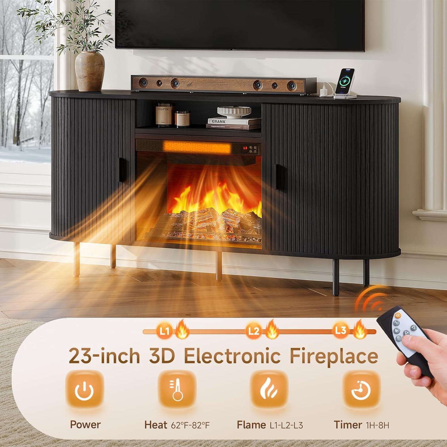 63" Fluted Fireplace TV Stand with 23" Electric Fireplace, Sliding Doors Entertainment Center for Tvs up to 70", TV Console with Power Outlet & Storage, Mid-Century Modern for Living Room, Black